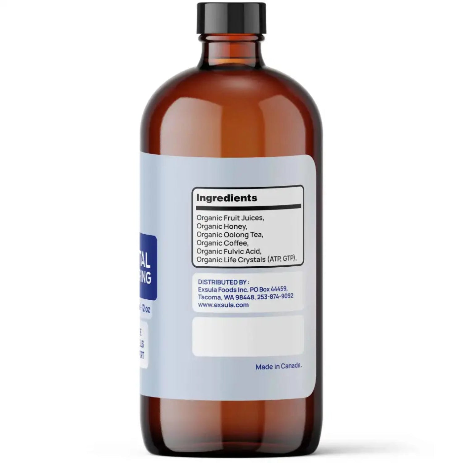 Brown glass bottle with a label on a white background