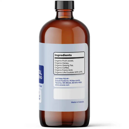 Brown glass bottle with a label on a white background