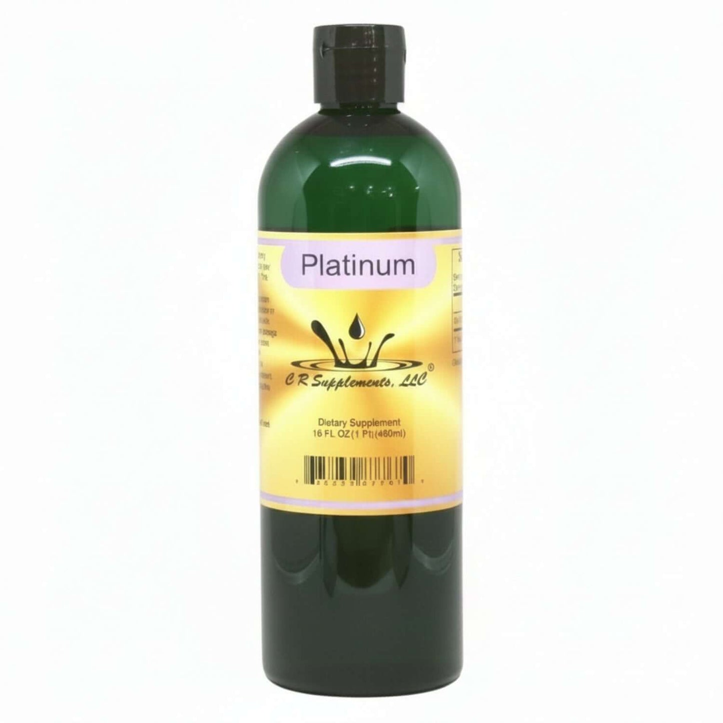Bottle of Platinum Ionic Liquid Mineral supplement by CR Supplements, designed for cellular support and mental focus.