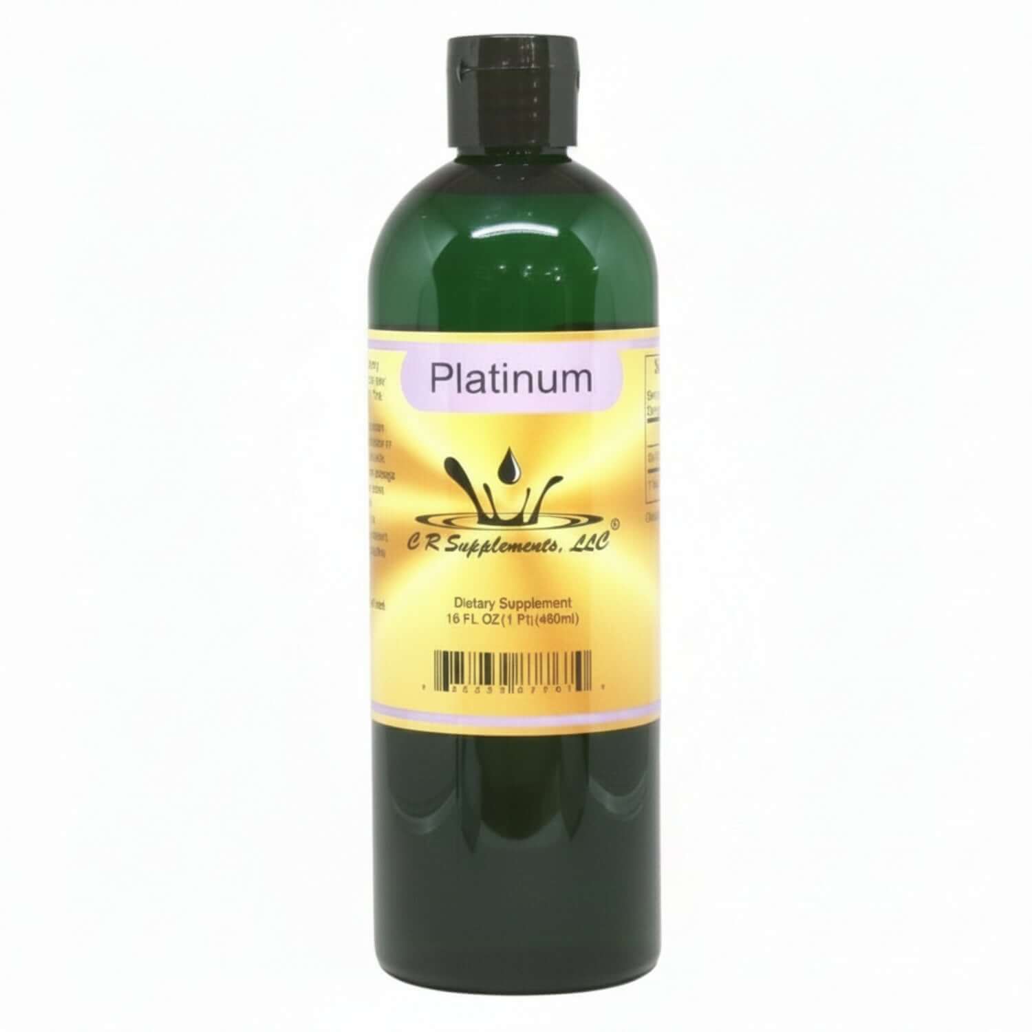 Bottle of Platinum Ionic Liquid Mineral supplement by CR Supplements, designed for cellular support and mental focus.