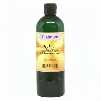 Bottle of Platinum Ionic Liquid Mineral supplement by CR Supplements, designed for cellular support and mental focus.