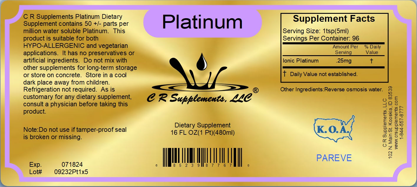 Platinum Ionic Liquid Mineral supplement label showcasing dietary facts and benefits of cellular support and mental focus.
