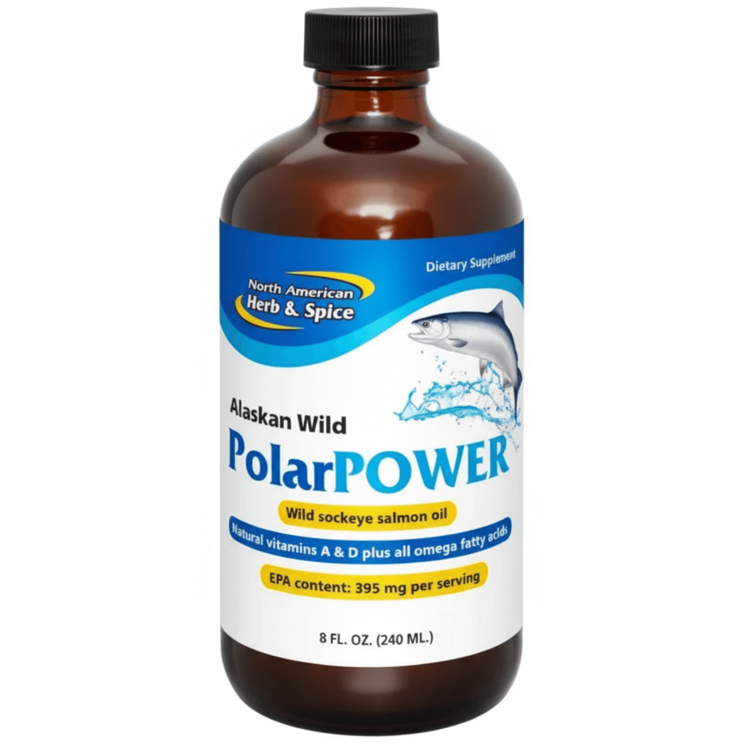 Bottle of PolarPOWER raw wild sockeye salmon oil, providing natural essential nutrients and omega fatty acids.
