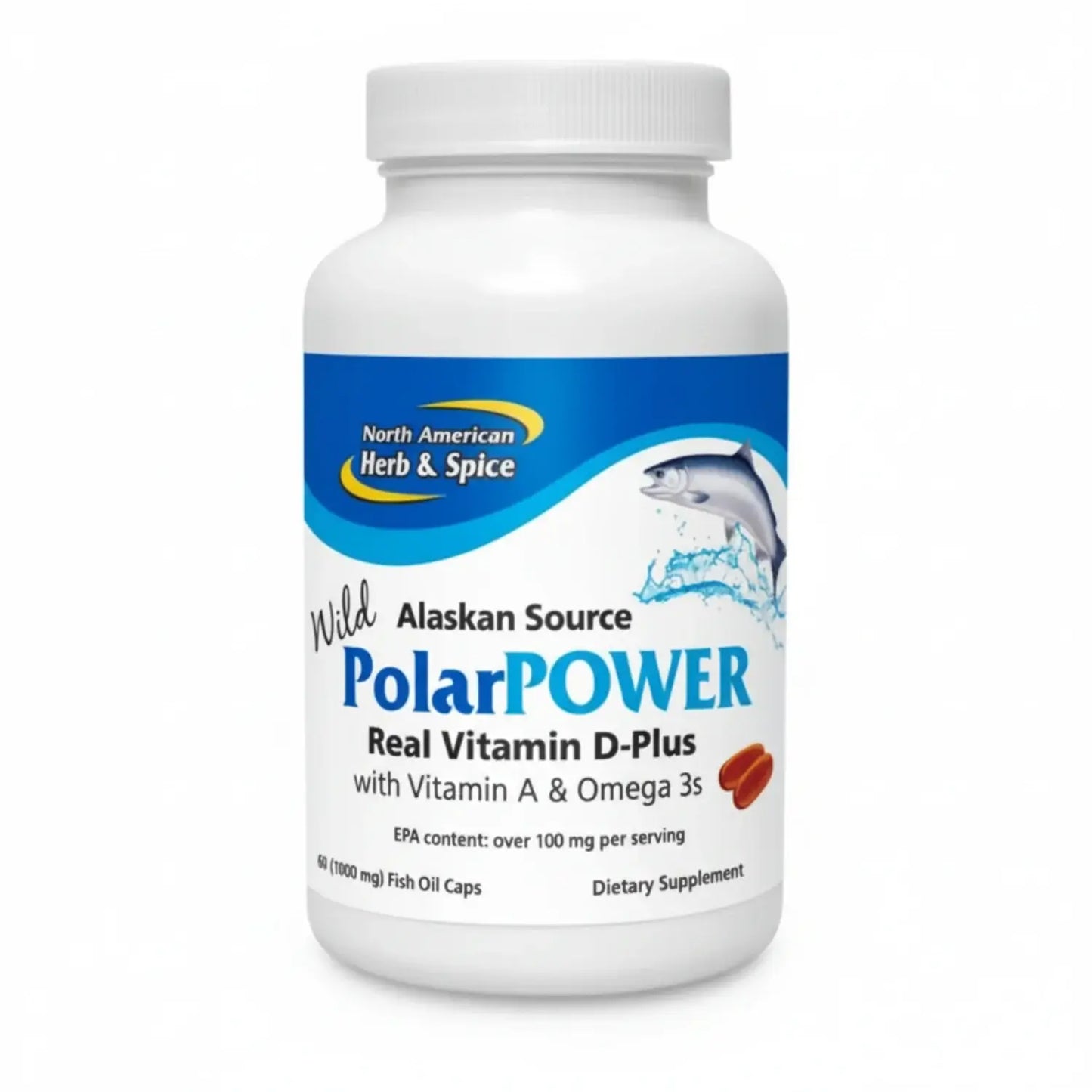 Bottle of North American Herb & Spice PolarPOWER Raw Wild Sockeye Salmon Oil dietary supplement with Vitamin D.