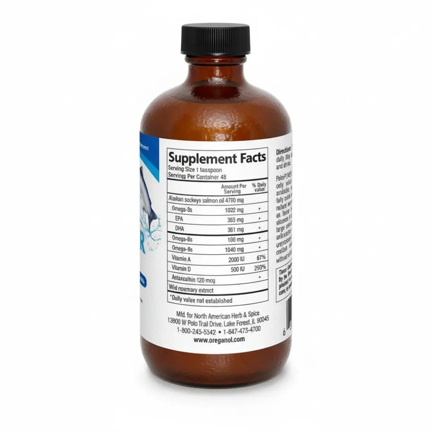 Label details of Raw Wild Sockeye Salmon Oil supplement from North American Herb & Spice.