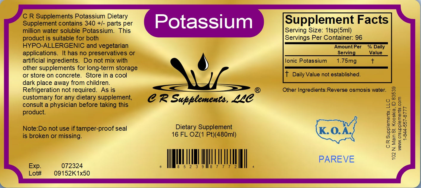 Potassium dietary supplement label featuring Ionic Liquid Mineral Supplement for pH Balance and Muscle Function.