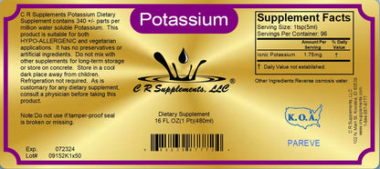 Potassium dietary supplement label featuring Ionic Liquid Mineral Supplement for pH Balance and Muscle Function.
