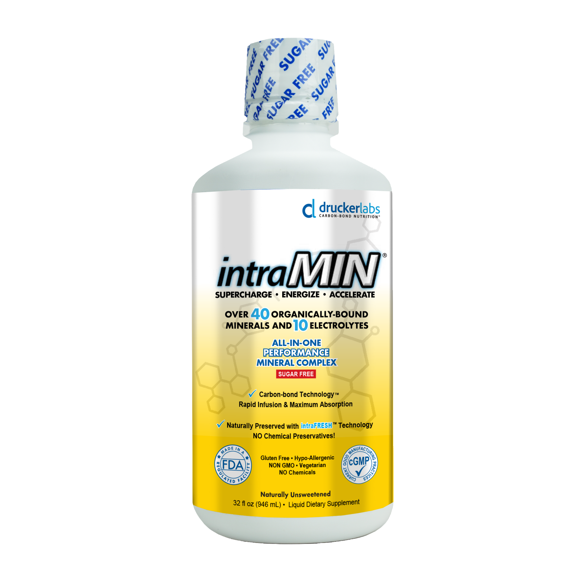 intraMIN - Organic Liquid Trace Minerals supplement bottle with 71 trace minerals and 65 electrolytes for wellness optimization.