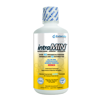 intraMIN - Organic Liquid Trace Minerals supplement bottle with 71 trace minerals and 65 electrolytes for wellness optimization.