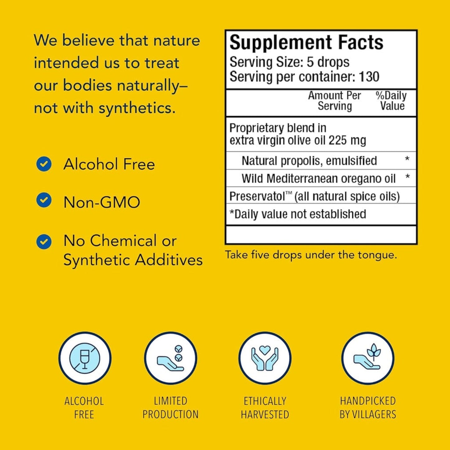 Supplement facts label with natural product claims on a yellow background