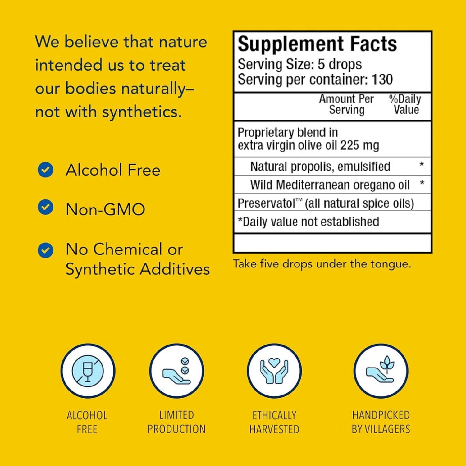 Supplement facts label with natural product claims on a yellow background