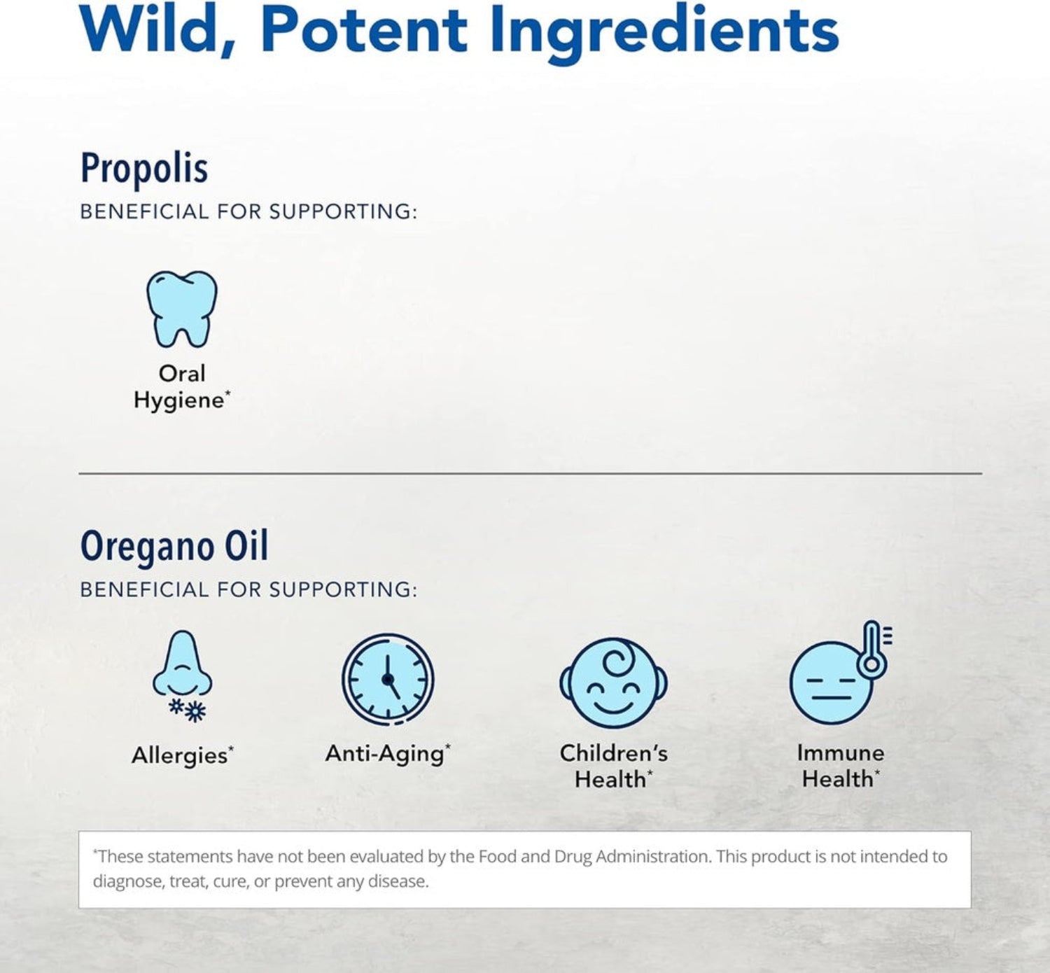 List of health benefits for propolis and oregano oil with icons on a light gray background.