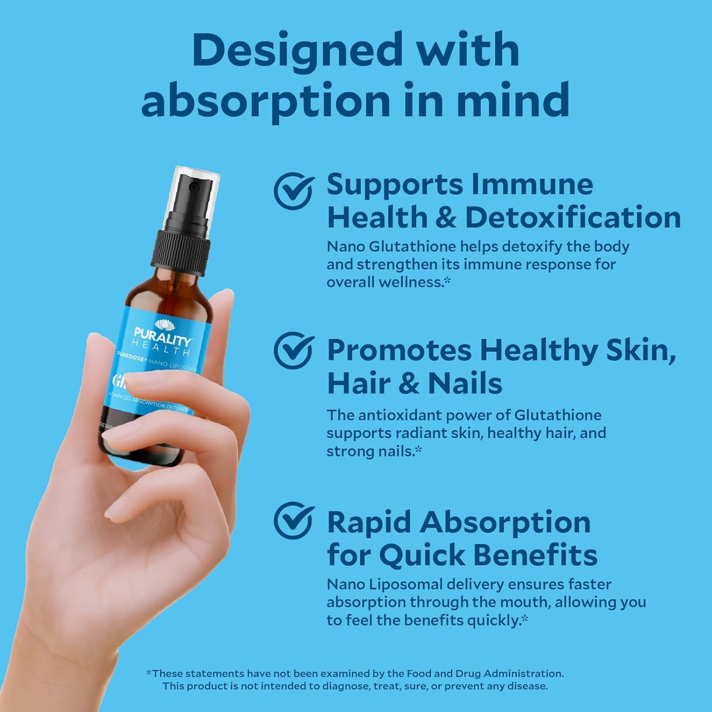 Hand holding a bottle of 'Purity Health' with text about product benefits on a blue background