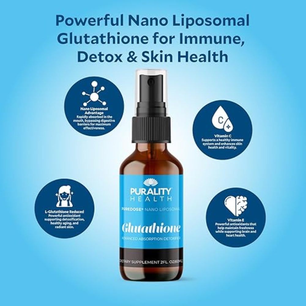 Purity Health Glutathione supplement bottle with text on a blue background
