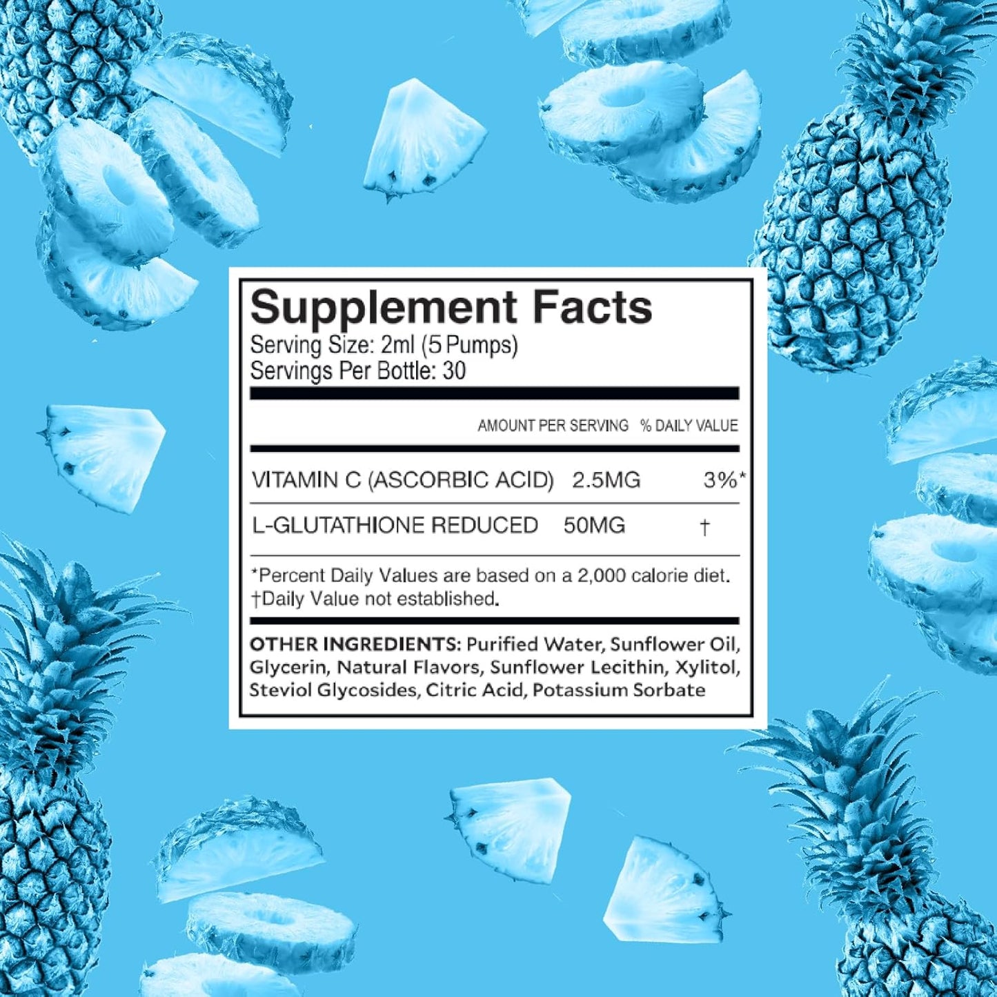 Supplement facts label with pineapple slices on a blue background