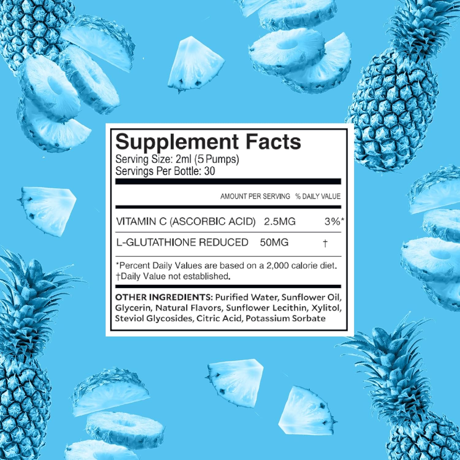 Supplement facts label with pineapple slices on a blue background