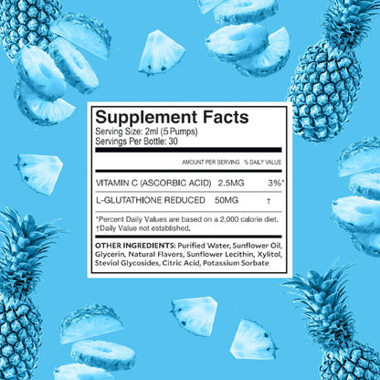 Supplement facts label with pineapple slices on a blue background