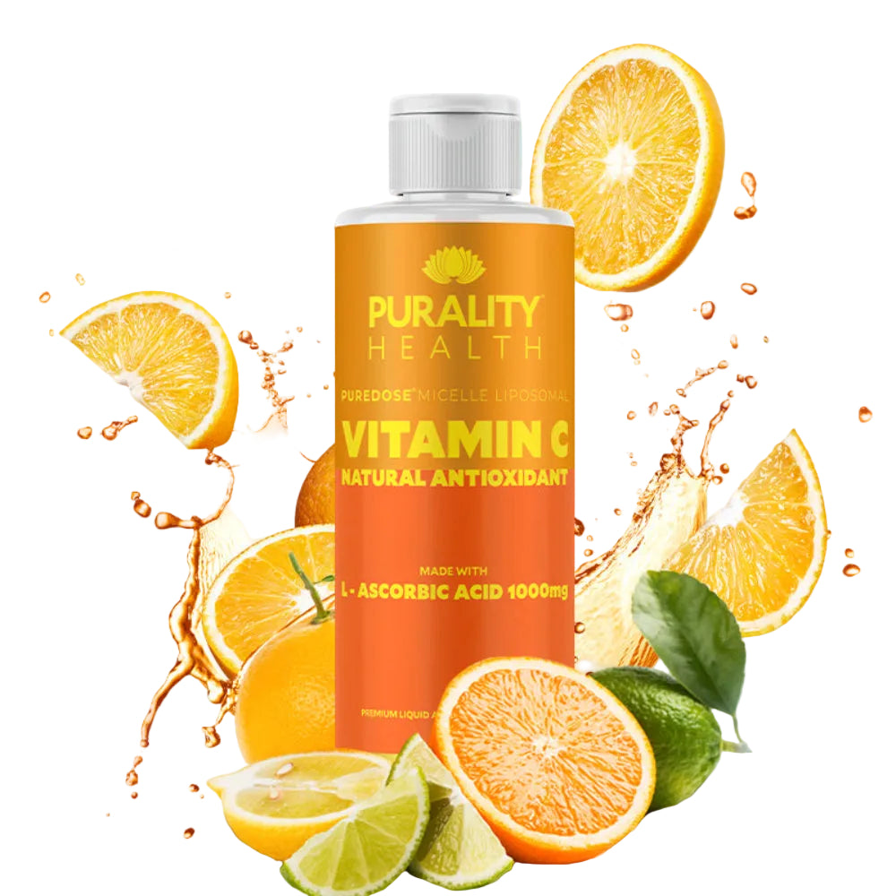 Purity Health Vitamin C supplement bottle with oranges and lime on a blue background