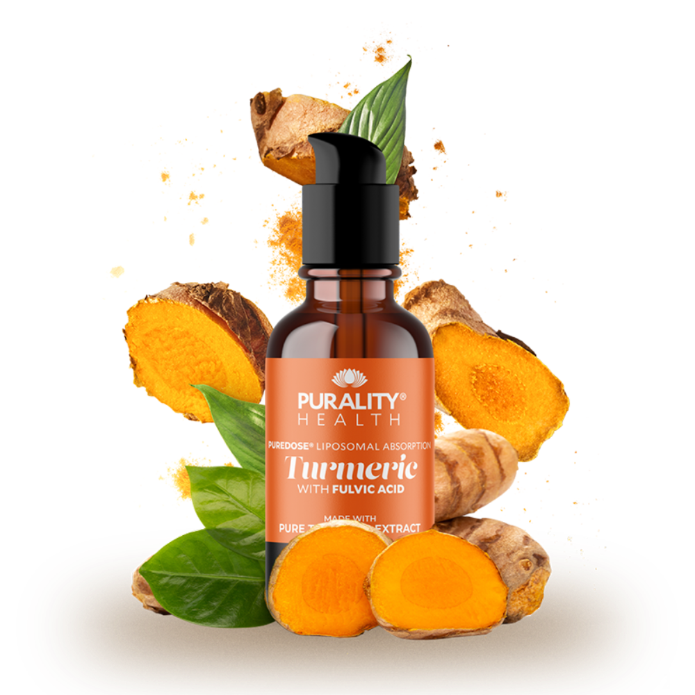 Bottle of Purity Health Turmeric with Fulvic Acid on a white background with turmeric roots and leaves.
