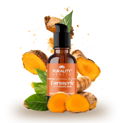 Bottle of Purity Health Turmeric with Fulvic Acid on a white background with turmeric roots and leaves.