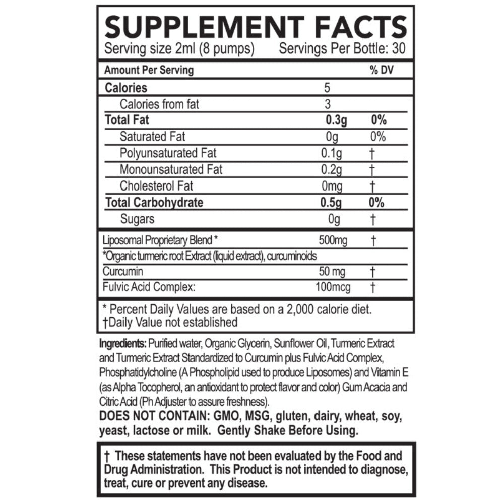 Turmeric Supplement facts label with nutritional information and ingredients on a white background
