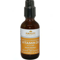 Liposomal Liquid Blend of Vitamin D3 with K2 in a 2fl oz bottle by Purality Health for enhanced absorption.