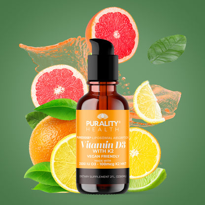 Vitamin D3 supplement bottle with citrus fruits on a green background