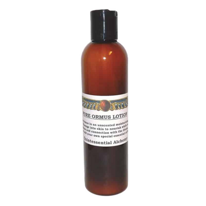 Amber bottle of 'Pure Ormus Lotion' with a label on a white background