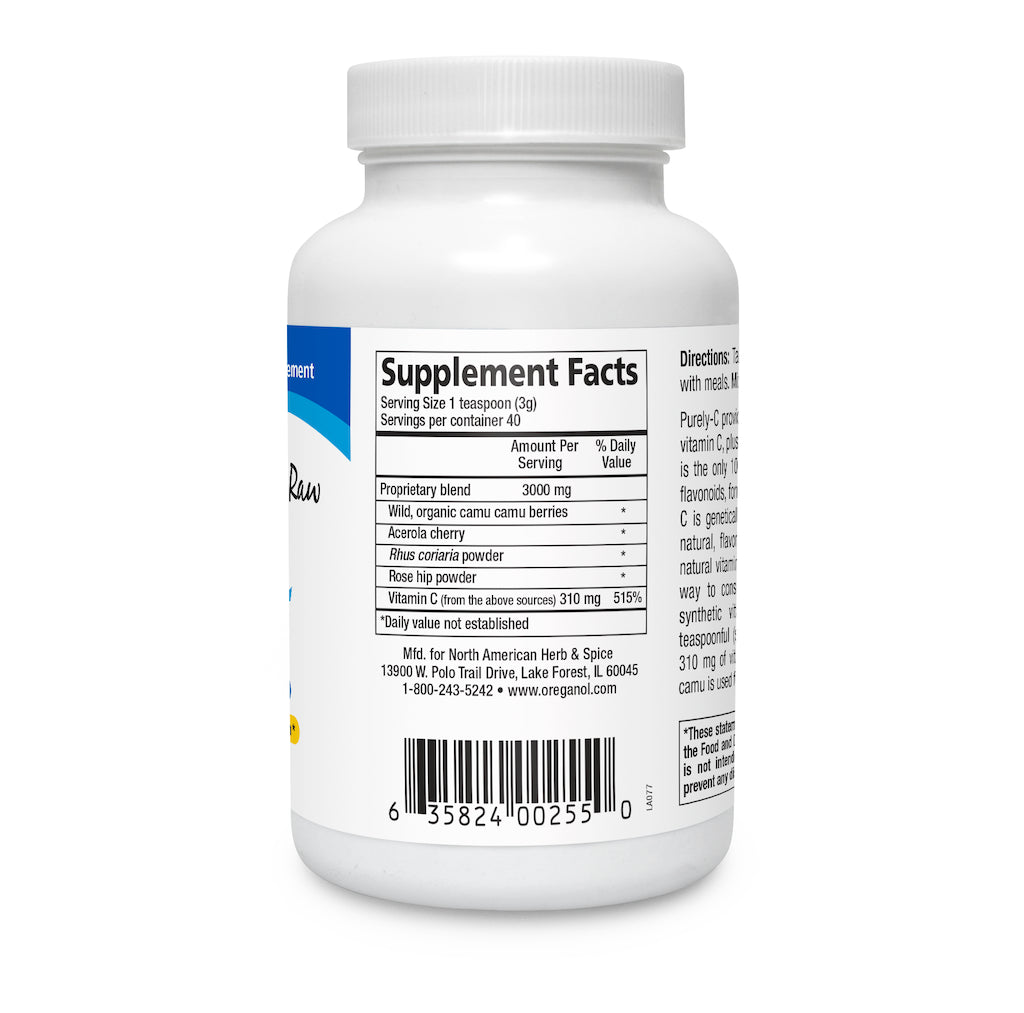 Whole Food Vitamin C and Flavonoid Complex Support supplement facts label on Purely-C bottle.