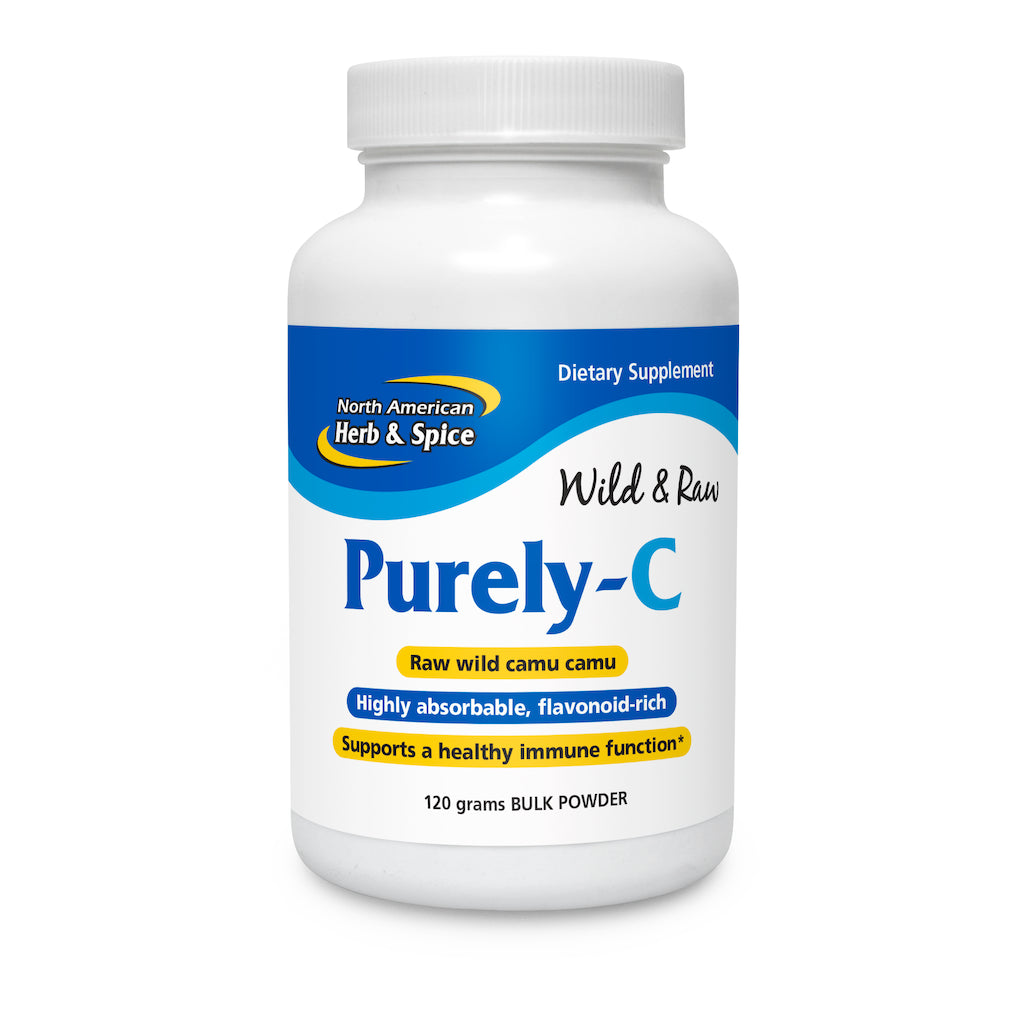 Whole Food Vitamin C Supplement Purely-C by North American Herb & Spice in a white container with blue accents.