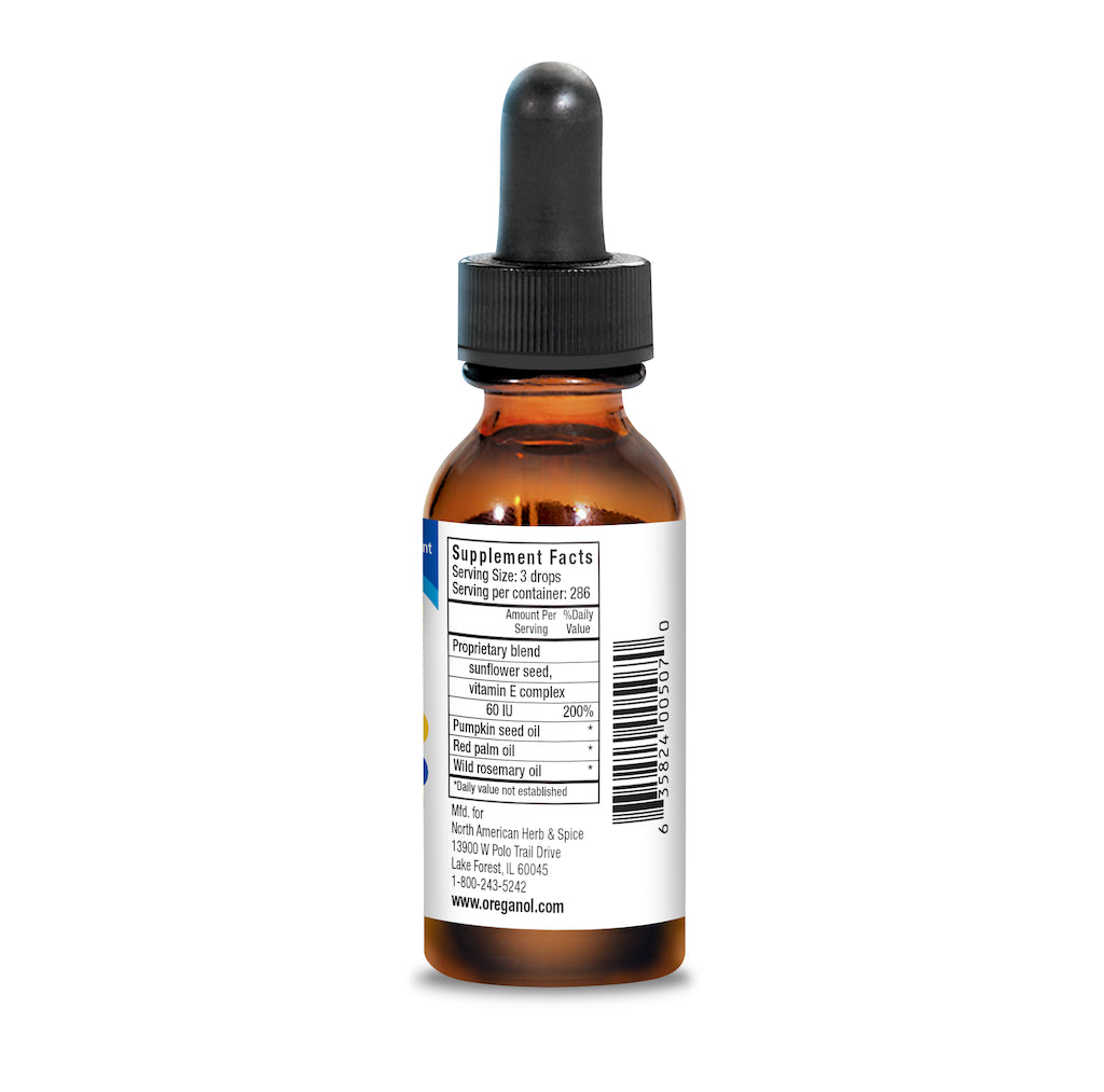 Non-GMO Vitamin E Capsules liquid supplement with dropper and supplement facts on the label.