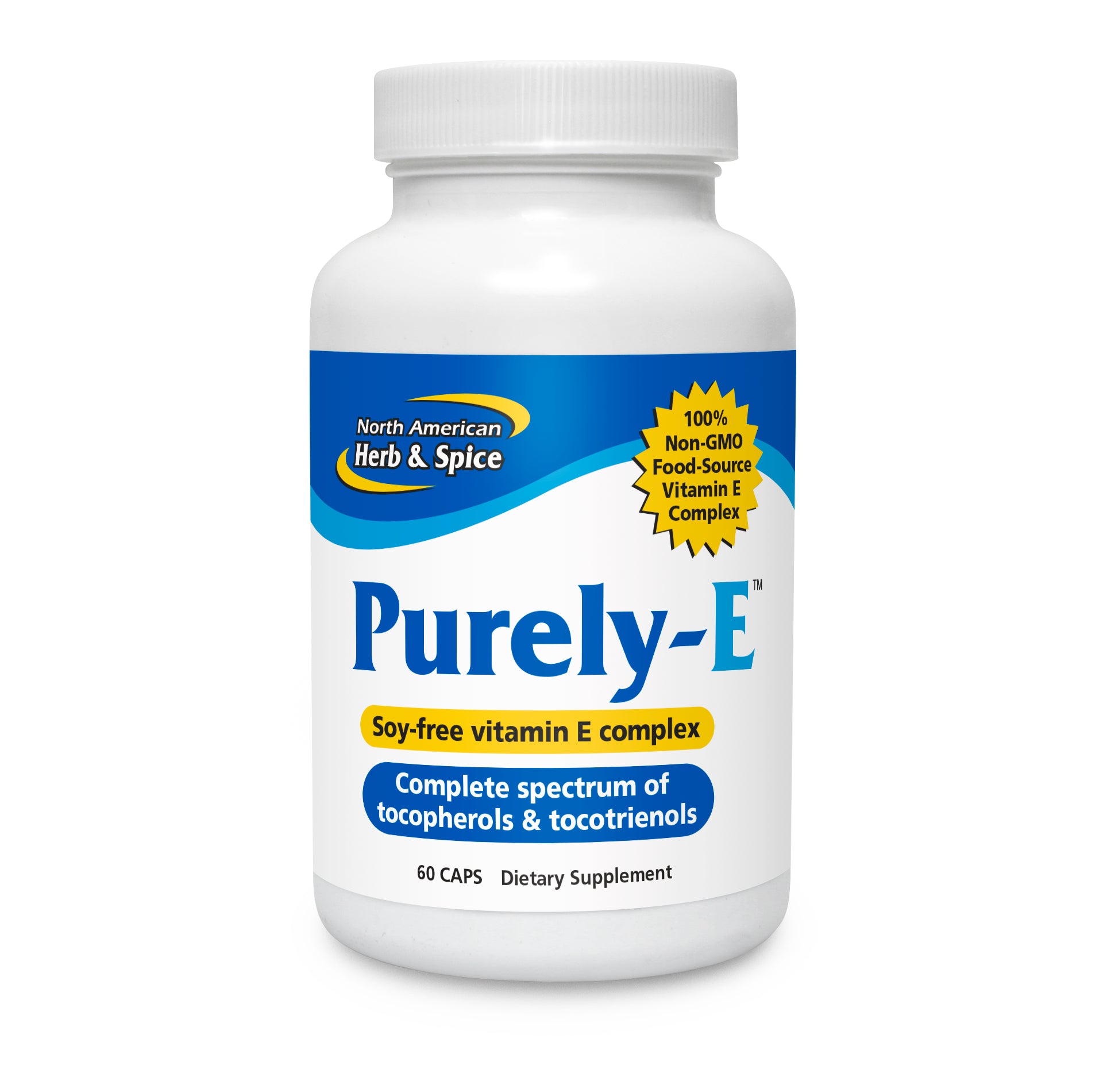 Purely-E Non-GMO Vitamin E Capsules bottle showcasing a complete spectrum of tocopherols and tocotrienols.