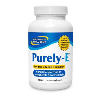 Purely-E Non-GMO Vitamin E Capsules bottle showcasing a complete spectrum of tocopherols and tocotrienols.