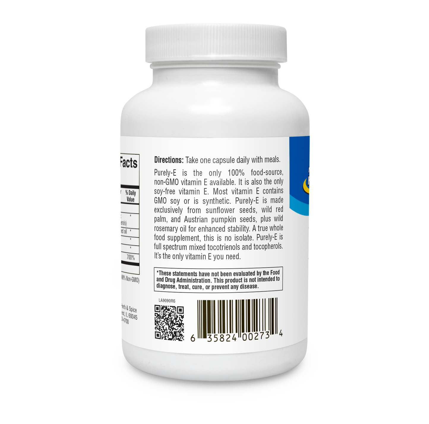 Back of Purely-E Non-GMO Vitamin E Capsules bottle showcasing ingredients and directions for use.