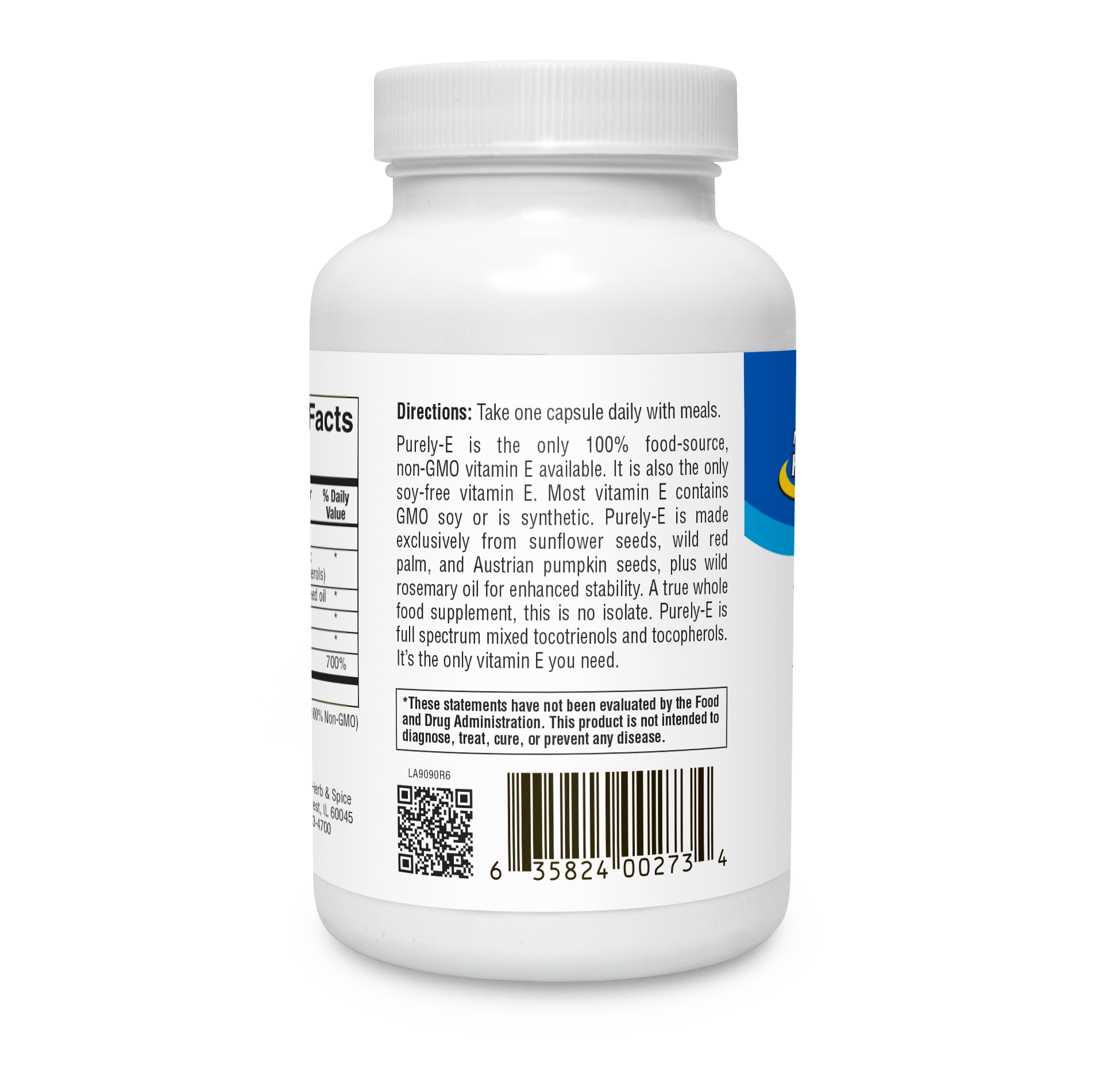 Back of Purely-E Non-GMO Vitamin E Capsules bottle showcasing ingredients and directions for use.