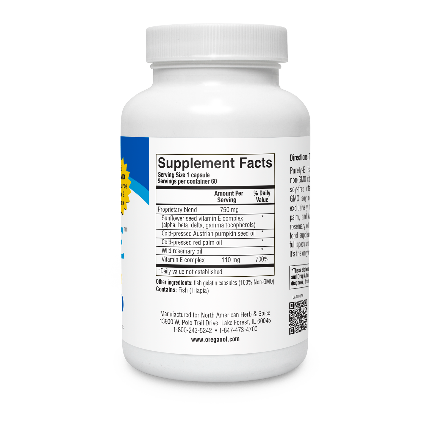 Supplement facts for North American Herb and Spice Non-GMO Vitamin E Capsules in a white bottle.