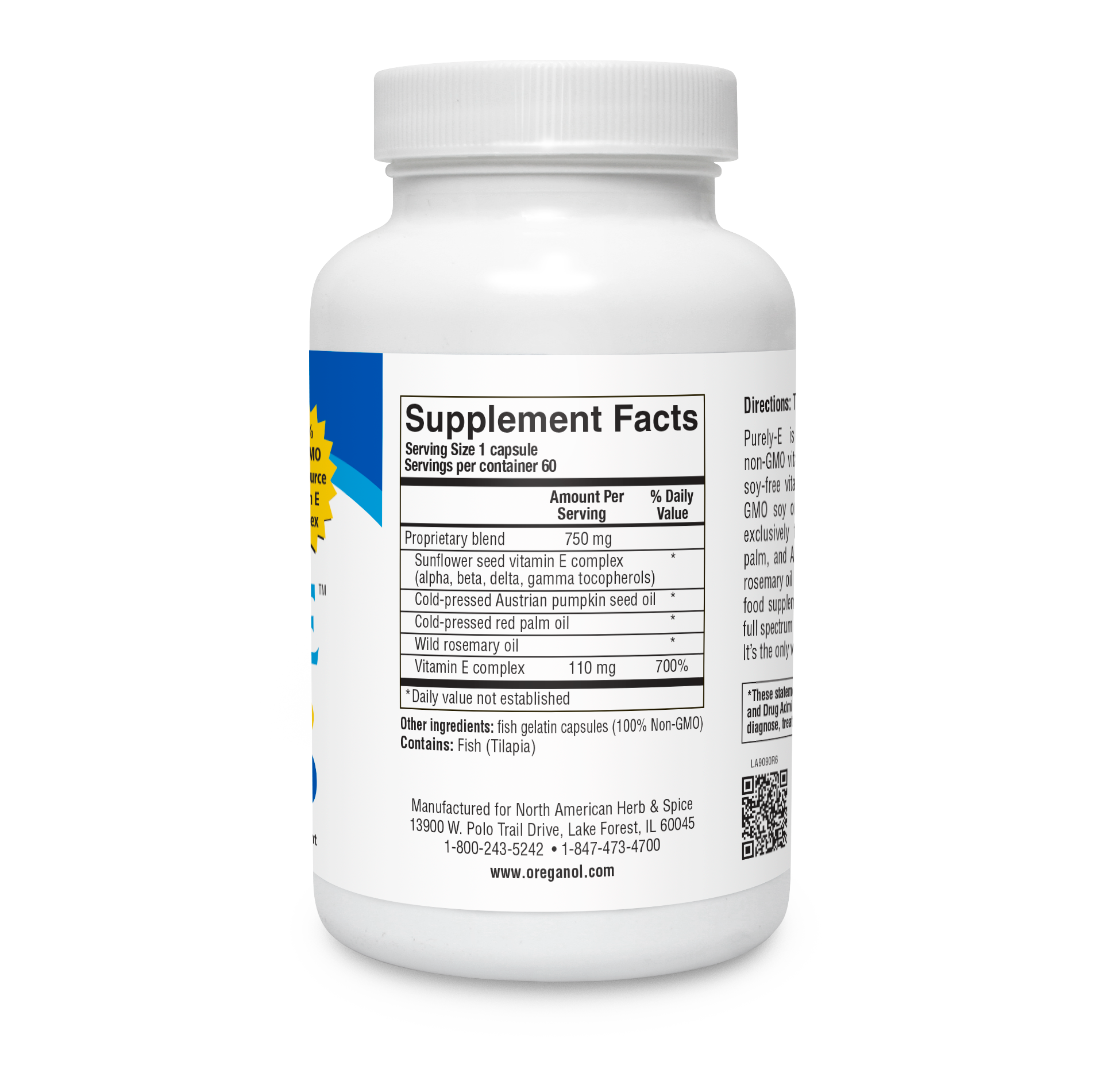Supplement facts for North American Herb and Spice Non-GMO Vitamin E Capsules in a white bottle.