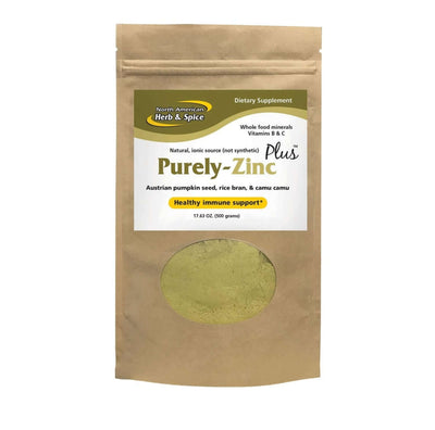 Purely-Zinc Plus Whole Food Zinc Powder Supplement packaging for immune support.