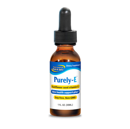 Purely-E Non-GMO Vitamin E Capsules bottle, sunflower seed vitamin E supplement for skin health.
