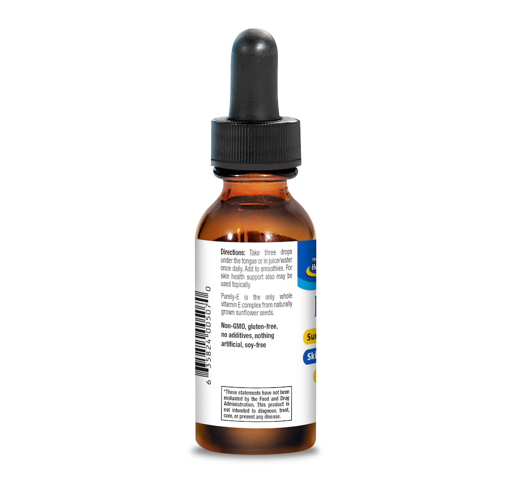 Non-GMO Vitamin E Capsules in dropper bottle, showcasing clear label with directions and product details.