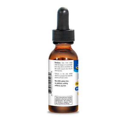 Non-GMO Vitamin E Capsules in dropper bottle, showcasing clear label with directions and product details.