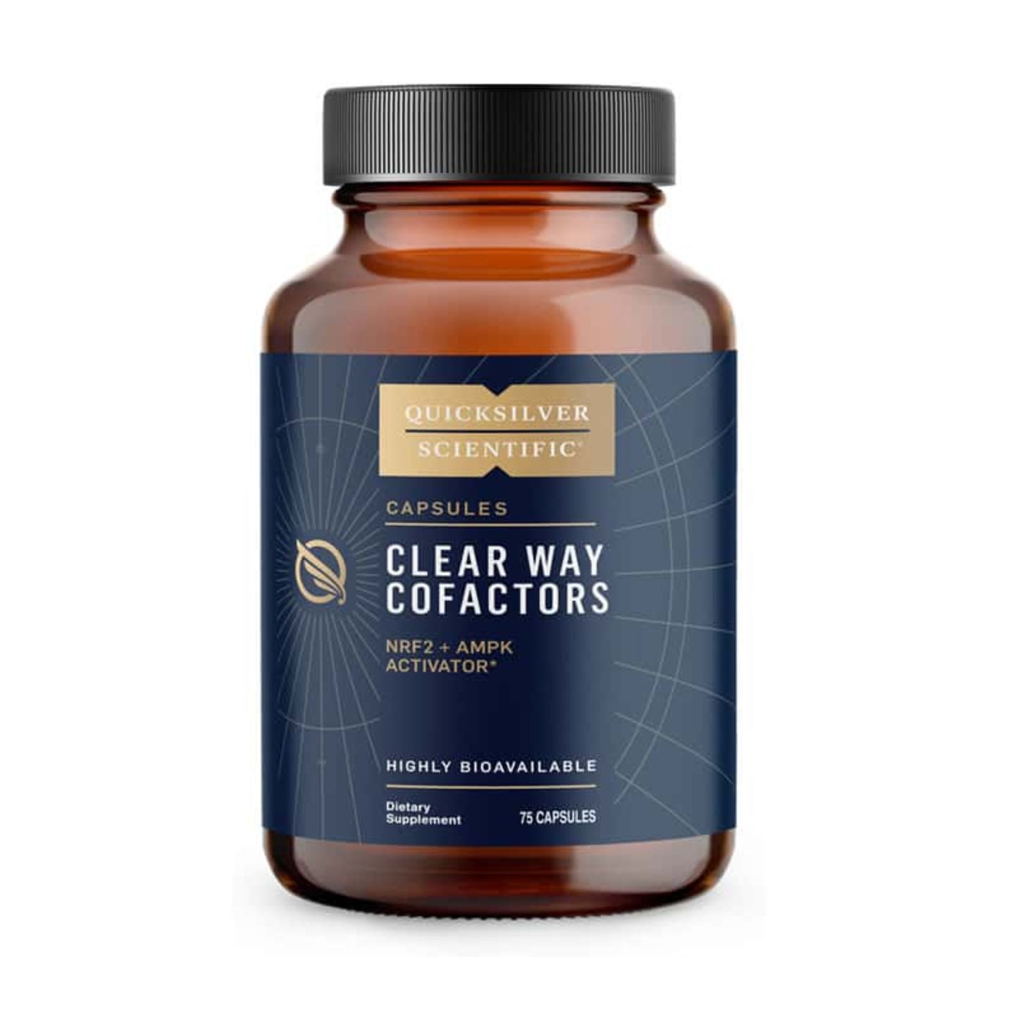 dark brown bottle of Quicksilver Scientific Clear Way Cofactors with navy label on a white background