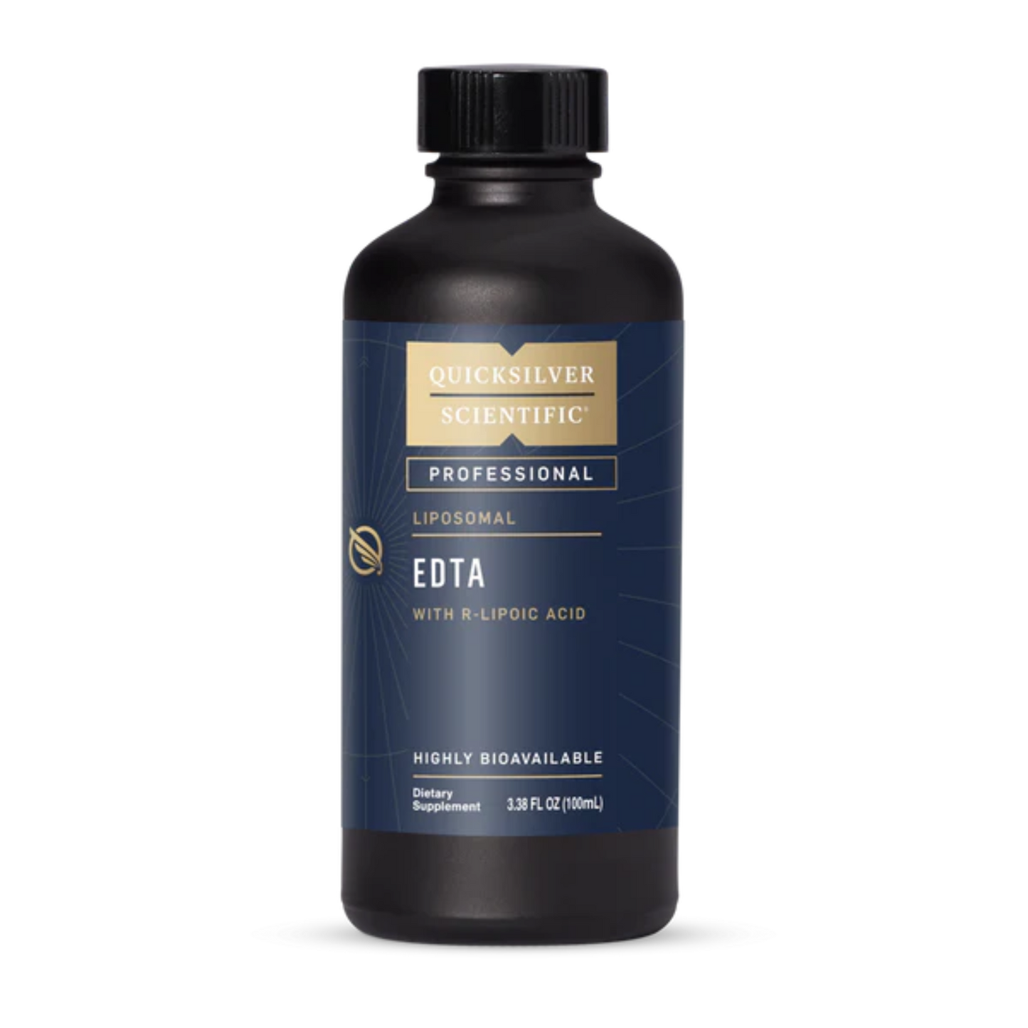 Black supplement bottle with blue label featuring 'Quicksilver Scientific EDTA with R-Lipoic Acid' on a white background