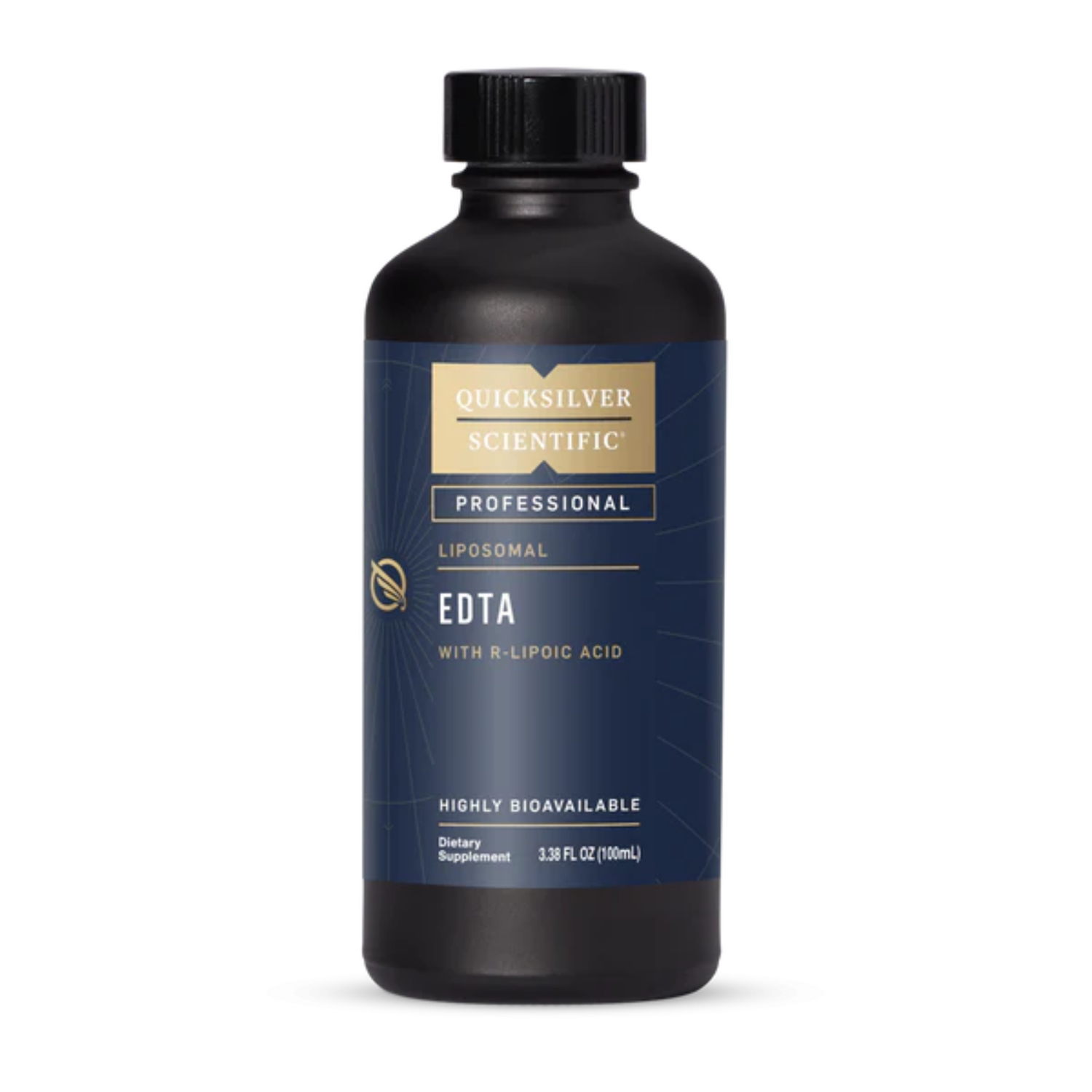 Black supplement bottle with blue label featuring 'Quicksilver Scientific EDTA with R-Lipoic Acid' on a white background