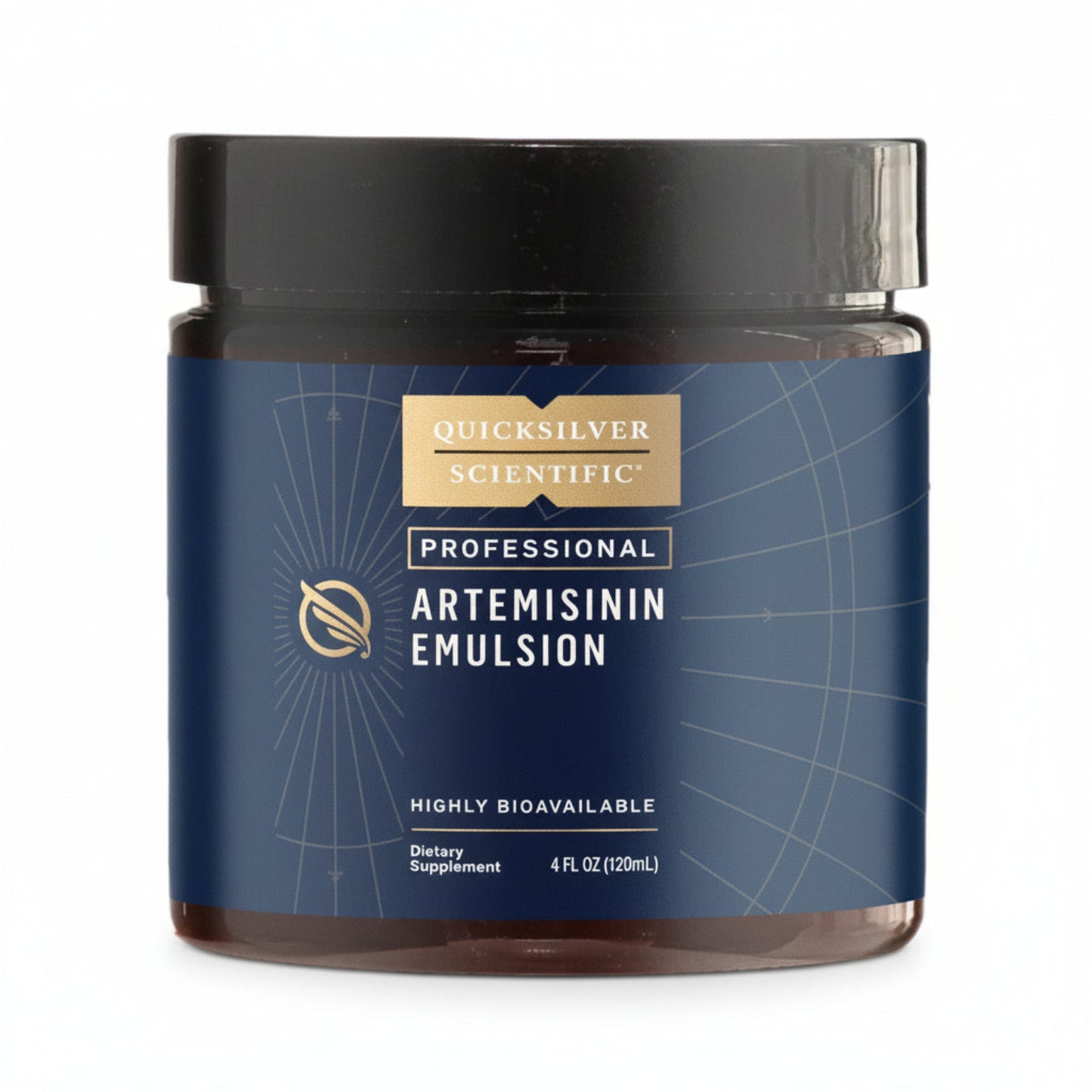 black jar and lid with dark blue label and gold logo, Quicksilver Scientific Professional, ARTEMISININ EMULSION, highly bioavailable dietary supplement, 4 oz