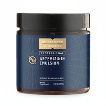 black jar and lid with dark blue label and gold logo, Quicksilver Scientific Professional, ARTEMISININ EMULSION, highly bioavailable dietary supplement, 4 oz