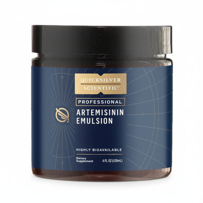 black jar and lid with dark blue label and gold logo, Quicksilver Scientific Professional, ARTEMISININ EMULSION, highly bioavailable dietary supplement, 4 oz