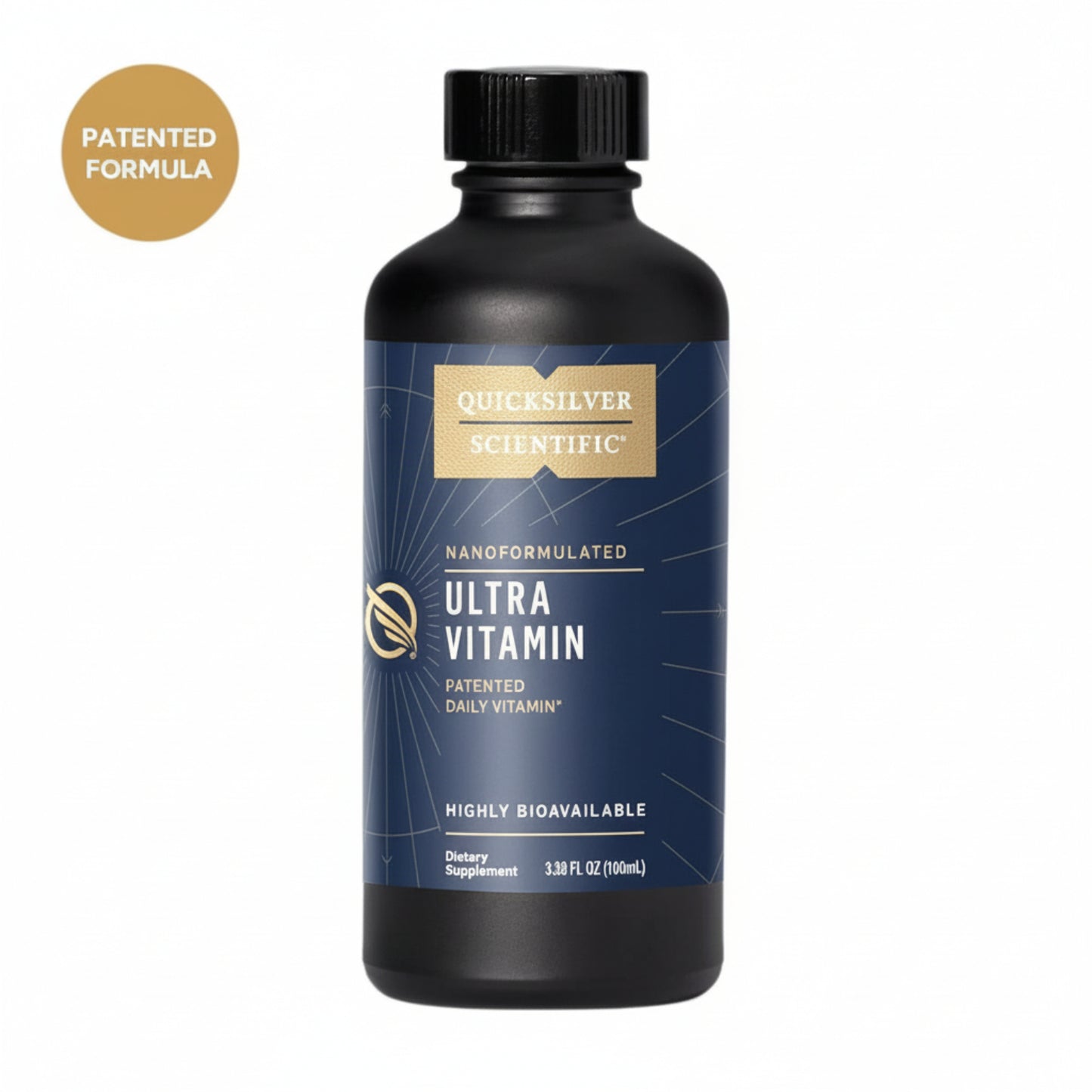 Black bottle of Ultra Vitamin with a blue label on a white background