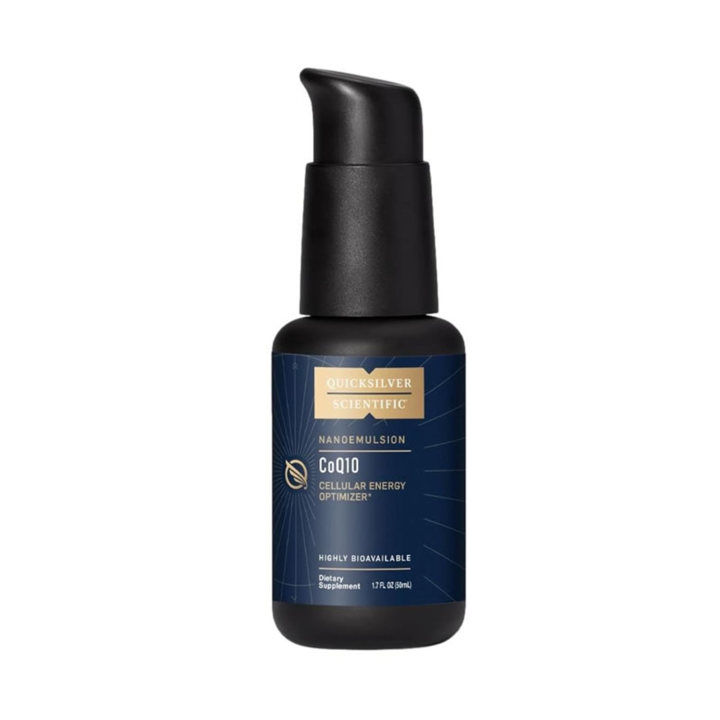 Black pump bottle of Nanoemmulsion CoQ10 Cellular Energy Optimizer with blue label on a white background