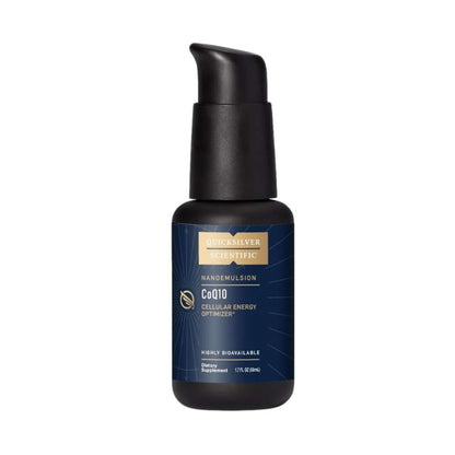 Black pump bottle of Nanoemmulsion CoQ10 Cellular Energy Optimizer with blue label on a white background